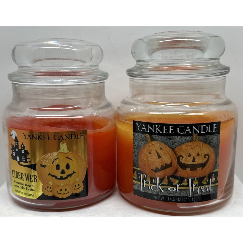 Yankee Candle Cider Web Trick or Treat Halloween Lot of 2 Used Medium 14.5oz Jar